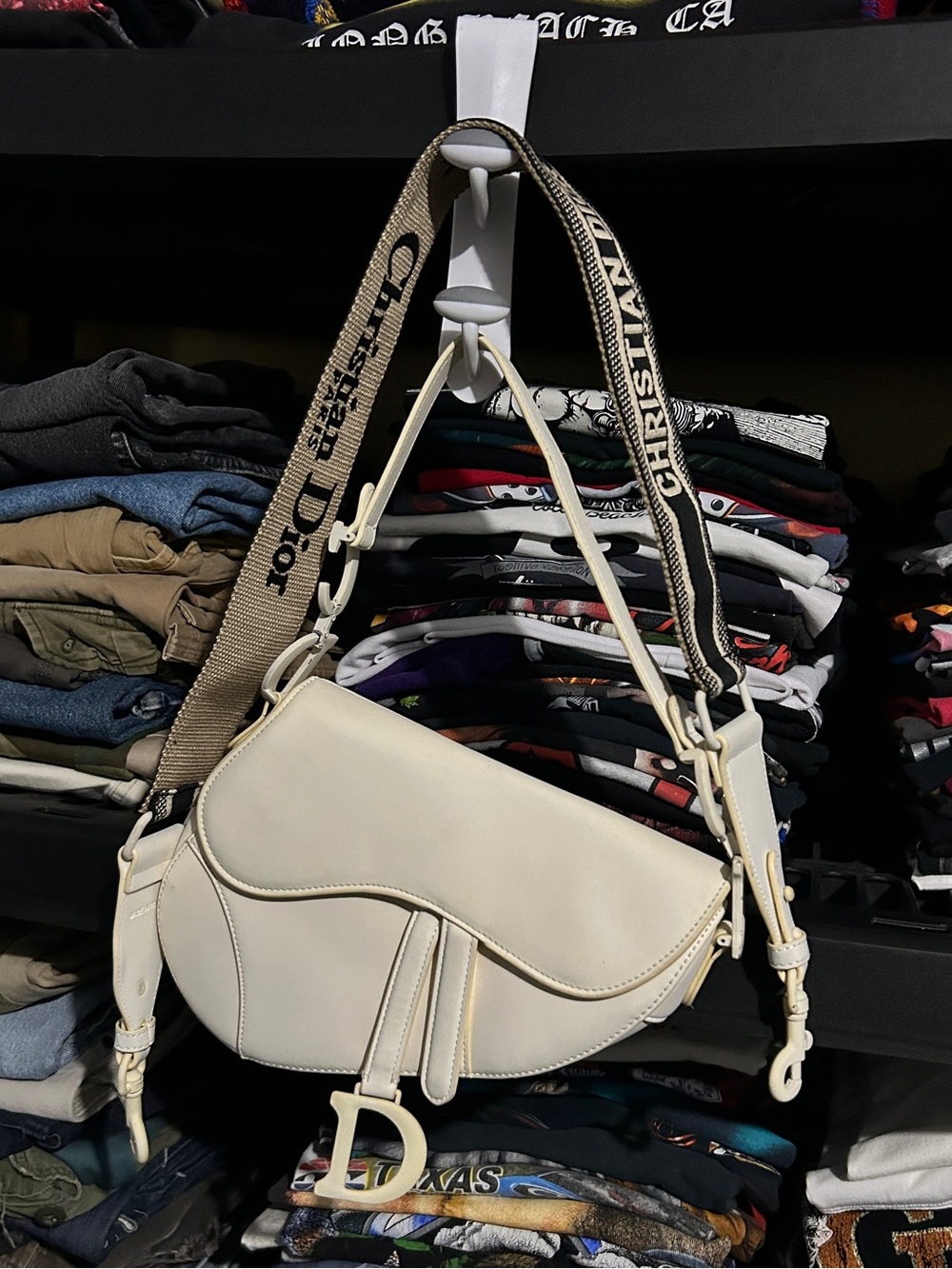 Dior Cream Saddle Shoulder Bag with Branded Strap
